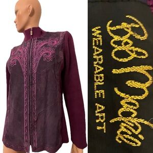 BOB MACKIE Wearable Art EMBROIDERED Purple SUEDE and KNIT JACKET Size Medium